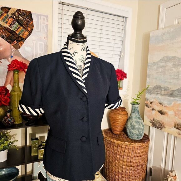 Vtg Navy Blue Kasper Notched Collar Pin Stripe Business Casual Short Sleeve Blaz - Picture 7 of 13